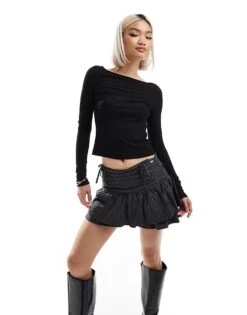 Pull&Bear Bow Detail Pinstripe Mini Skirt In Dark Grey For Women