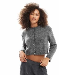 Pull&Bear Marl Effect Micro Cardigan In Dark Grey For Women