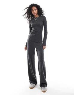 Pull&Bear Soft Touch Long Sleeve Top And Trouser Co-ord In Charcoal Grey