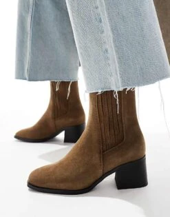 Pull&Bear Heeled Suede Ankle Boots In Dark Brown For Women