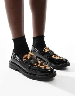 Pull&Bear Contrast Leopard Loafers In Black For Women