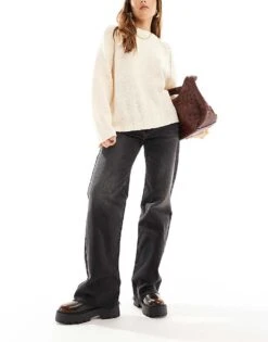 Pull&Bear High Rise Straight Leg Jean With Raw Hem In Black For Women