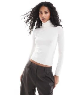 Pull&Bear Knit Polo Neck Jumper In Ecru For Women