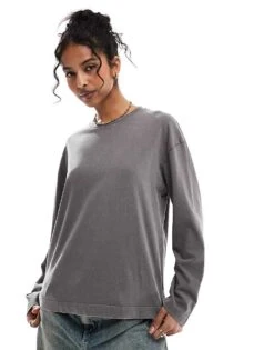 Pull&Bear Long Sleeve Oversized T-shirt In Washed Dark Grey For Women