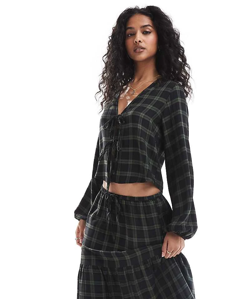 Pull&Bear Tie Detail Blouse In Green Check For Women