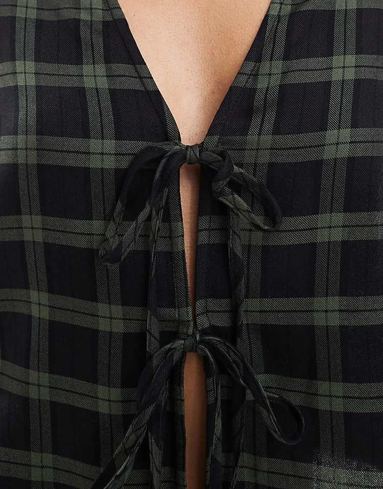 Pull&Bear Tie Detail Blouse In Green Check For Women - Image 2