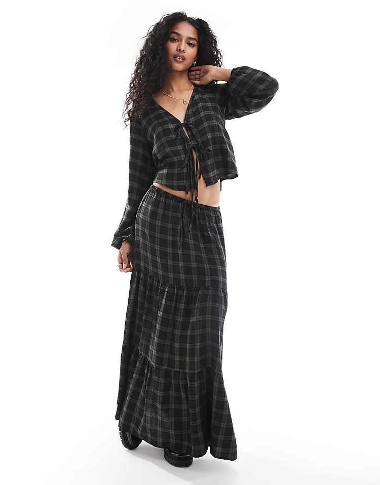 Pull&Bear Tie Detail Blouse In Green Check For Women - Image 3