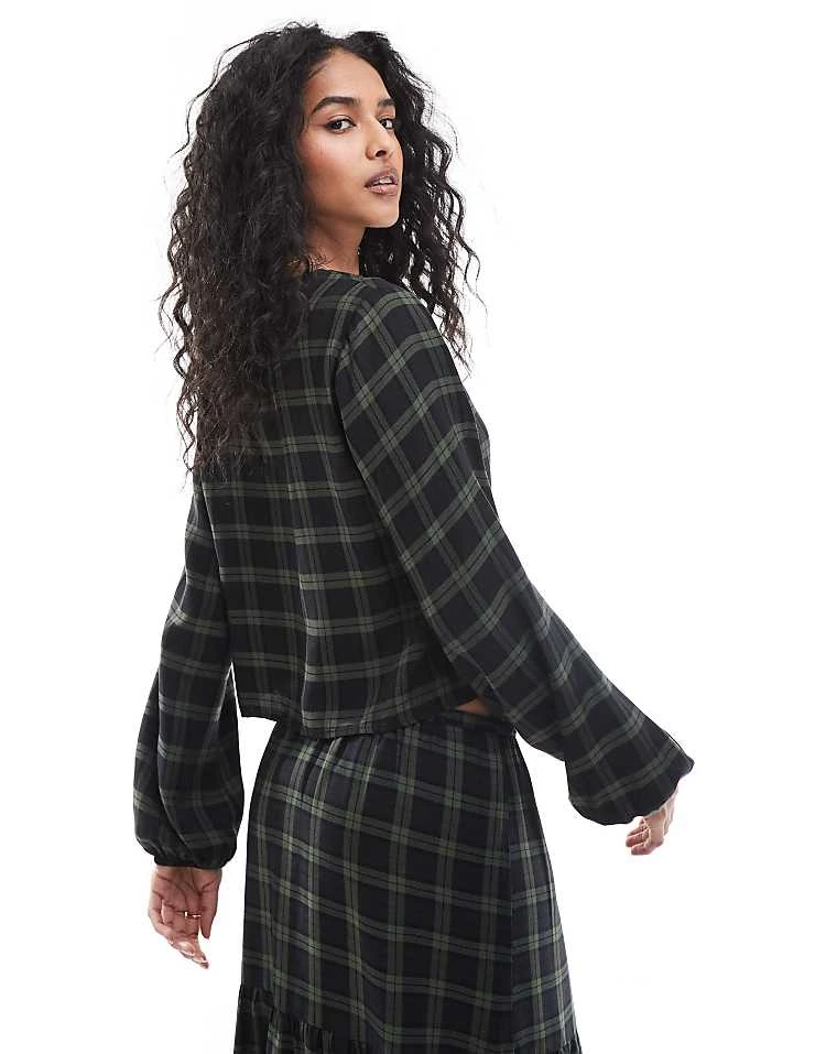 Pull&Bear Tie Detail Blouse In Green Check For Women - Image 4