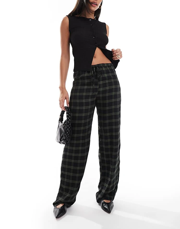 Pull&Bear Wide Leg Tartan Check Trousers In Navy And Green For Women