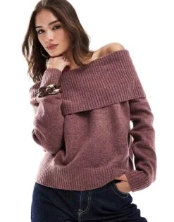 Pull&Bear Bardot Knitted Jumper In Burgundy For Women Maroon