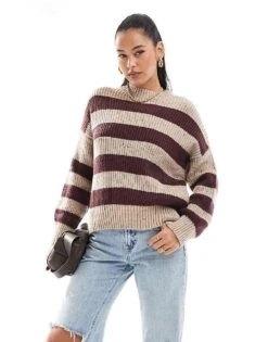 Pull&Bear Marl Effect Knit Jumper In Burgundy & Sand Stripe For Women