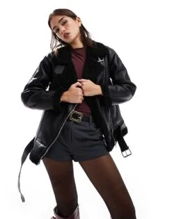 Pull&Bear Faux Leather Oversized Aviator Jacket In Black For Women