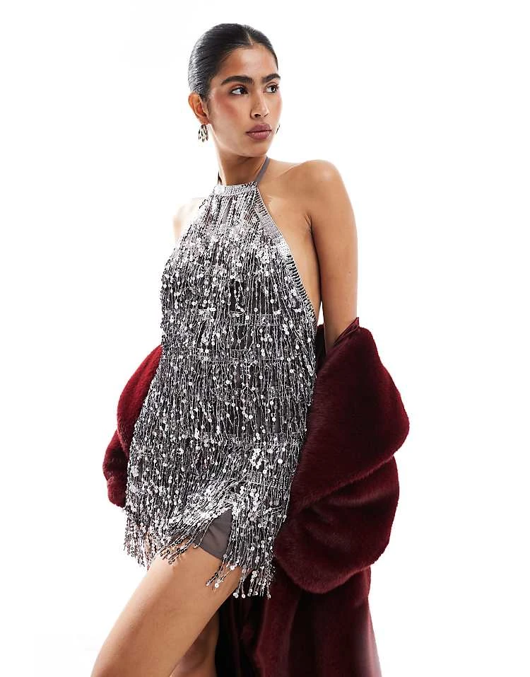 Pull&Bear Sequin Halterneck Mini Dress In Silver For Women - Image 3