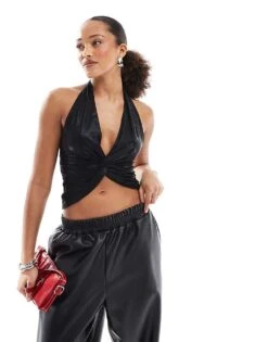 Pull&Bear Metallic Finish Halterneck Twist Front Top In Black For Women