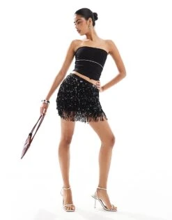 Pull&Bear Sequin Tassel Mini Skirt In Black For Women