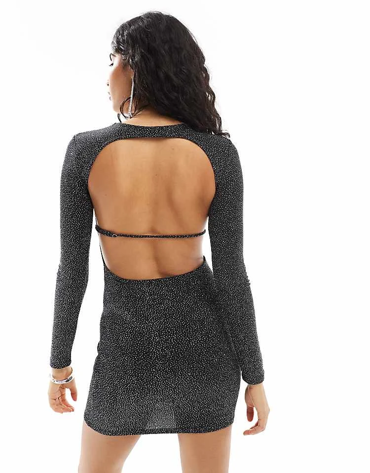 Pull&Bear Long Sleeved Glitter Mini Dress With Back Strap Detail In Black For Women - Image 2