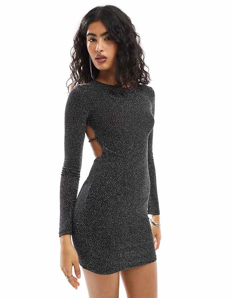 Pull&Bear Long Sleeved Glitter Mini Dress With Back Strap Detail In Black For Women - Image 3