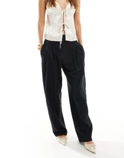Pull&Bear Barrel Leg Tailored Trouser In Navy Pinstripe For Women