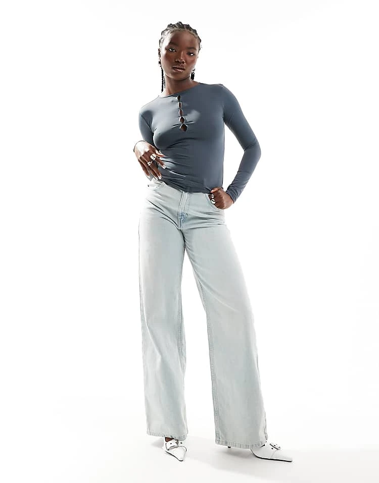 Pull&Bear Polyamide Sculpt Keyhole Detail Long Sleeved Top In Petrol Blue For Women - Image 5