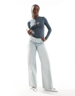 Pull&Bear Polyamide Sculpt Keyhole Detail Long Sleeved Top In Petrol Blue For Women