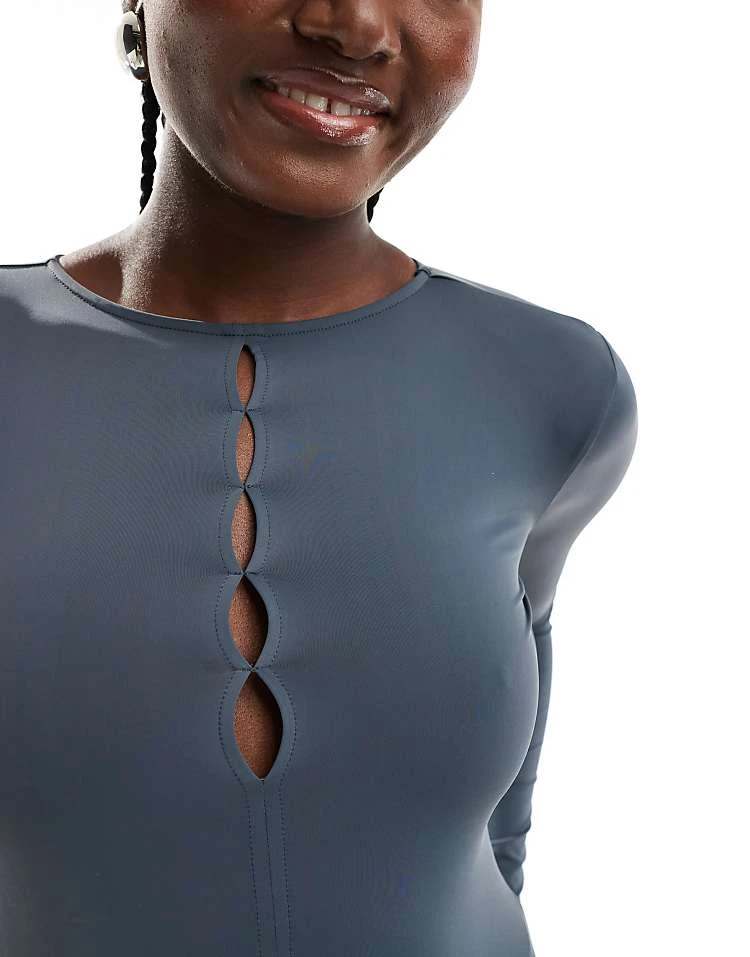 Pull&Bear Polyamide Sculpt Keyhole Detail Long Sleeved Top In Petrol Blue For Women - Image 4