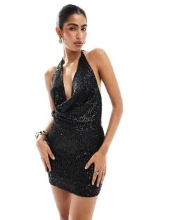 Pull&Bear Cowl Neck Sequin Mini Dress In Black For Women