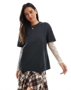 Pull&Bear Oversized Tee With Contrast Lace Sleeve In Dark Grey For Women