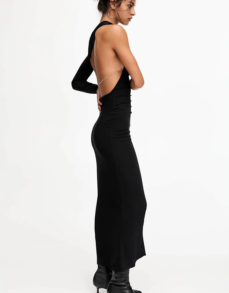 Pull&Bear X Dixie D'Amelio One Shoulder Maxi Polyamide Dress In Black For Women - Image 3