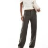 Pull&Bear High Waist Straight Leg Trousers In Dark Brown For Women