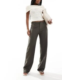 Pull&Bear High Waist Straight Leg Trousers In Dark Brown For Women