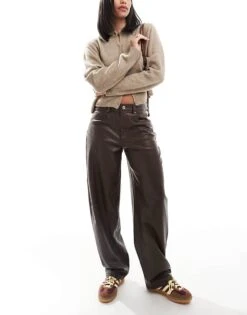 Pull&Bear Straight Leg Faux Leather Trouser In Brown For Women