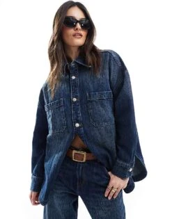 Pull&Bear Oversized Denim Shirt With Ombre Thread Detail Co-ord In Dark Blue For Women
