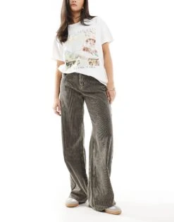 Pull&Bear Pulll&Bear Wide Leg Corduroy Jeans In Grey For Women