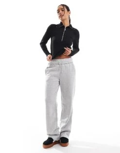 Pull&Bear Boyfriend Foldover Waist Wide Leg Jogger In Grey For Women