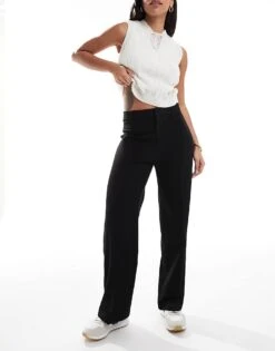 Pull&Bear Straight Leg Tailored Trousers With Front Seam In Black For Women