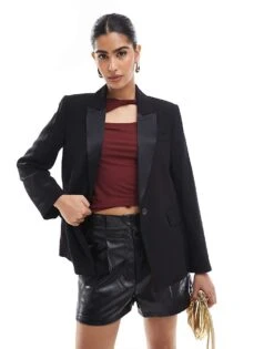 Pull&Bear Tailored Blazer With Satin Collar In Black For Women