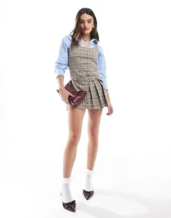 Pull&Bear Pleated Mini Dress In Brown Check For Women