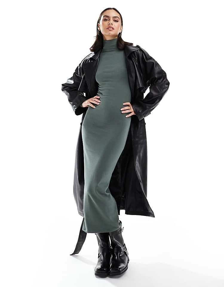 Pull&Bear Long Sleeve Midaxi Dress In Khaki For Women