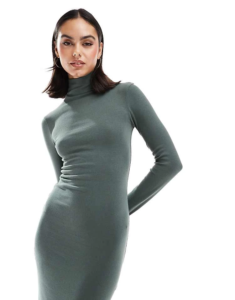 Pull&Bear Long Sleeve Midaxi Dress In Khaki For Women - Image 2