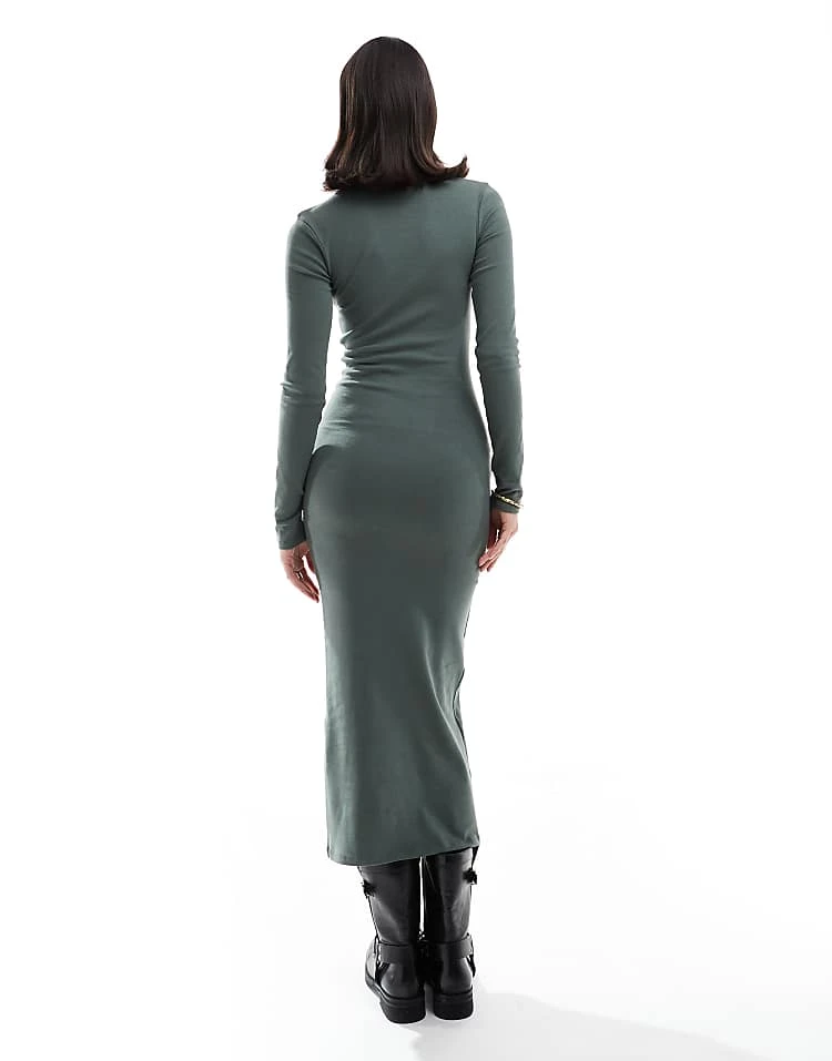 Pull&Bear Long Sleeve Midaxi Dress In Khaki For Women - Image 3