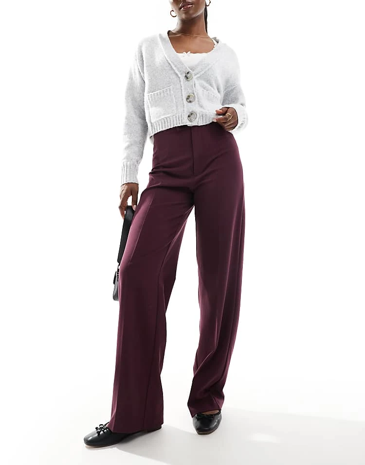 Pull&Bear High Waisted Wide Leg Tailored Trouser In Burgundy For Women