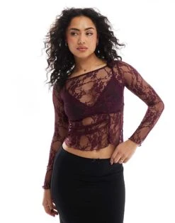 Pull&Bear Long Sleeve Lace Top With Asymmetic Seam Detail In Burgundy For Women