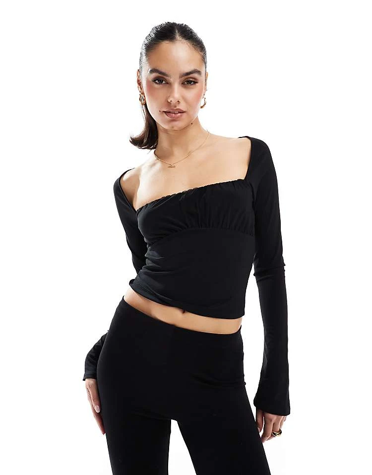 Pull&Bear Ruched Long Sleeve Mesh Top In Black For Women - Image 5