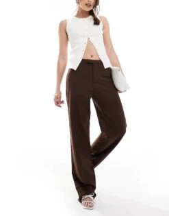 Pull&Bear Mid Rise Tailored Trousers In Brown For Women