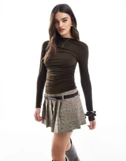 Pull&Bear High Neck Long Sleeve Top With Gathering Detail In Brown For Women