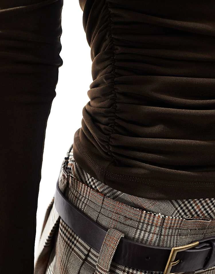 Pull&Bear High Neck Long Sleeve Top With Gathering Detail In Brown For Women - Image 3