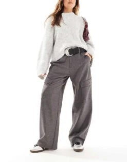 Pull&Bear Pinstripe Cargo Trouser In Grey For Women