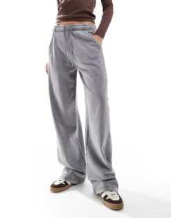 Pull&Bear Wide Leg Jogger In Acid Washed Grey For Women
