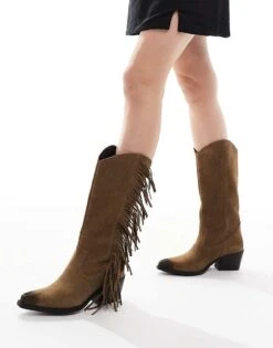 Pull&Bear Boho Tassle Suede Western Boots In Tan For Women