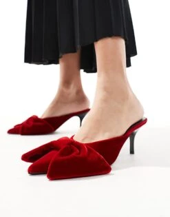 Pull&Bear Pointed Bow Detail Heeled Shoe In Red For Women